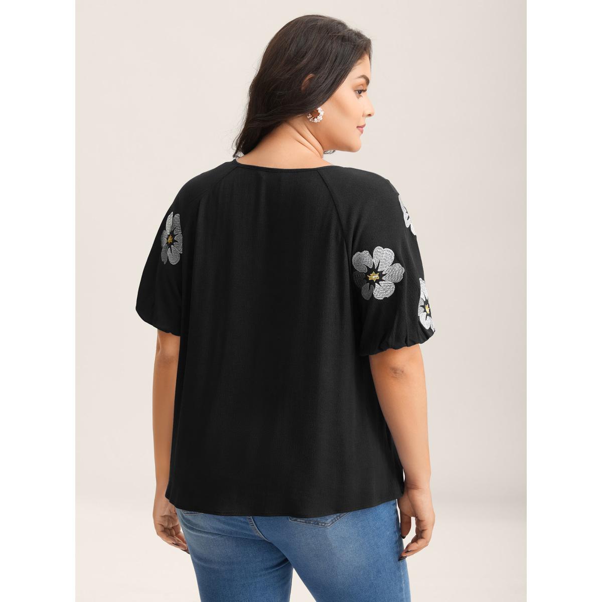 Plus Size Black Floral Embroidery Textured Neck Tie Blouse Women Boho Half Sleeve Flat collar with V-notch Vacation Blouses BloomChic 30/6X Product Image