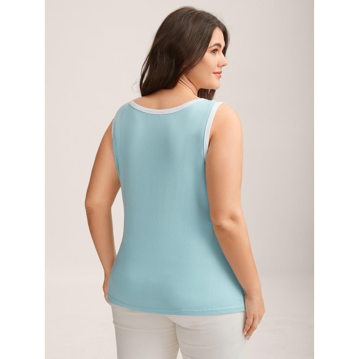 Plus Size Supersoft Stretchy Color Contrast Tank Top Women LightBlue Texture Round Neck Everyday-Casual Tank Tops Camis BloomChic 30/6X Product Image