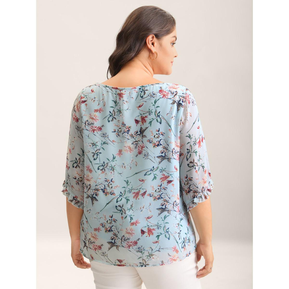 Plus Size LightBlue Chiffon Floral Print Flowy Blouse Women Timeless Elbow-length sleeve Boat Neck Elegant Blouses BloomChic 12/L Product Image