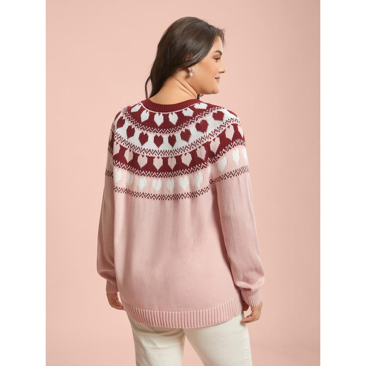 Plus Size Round Neck Heart Jacquard Ribbed Pullover Nudepink Women Leisure Loose Long Sleeve Round Neck Casual Pullovers BloomChic 30/6X Product Image