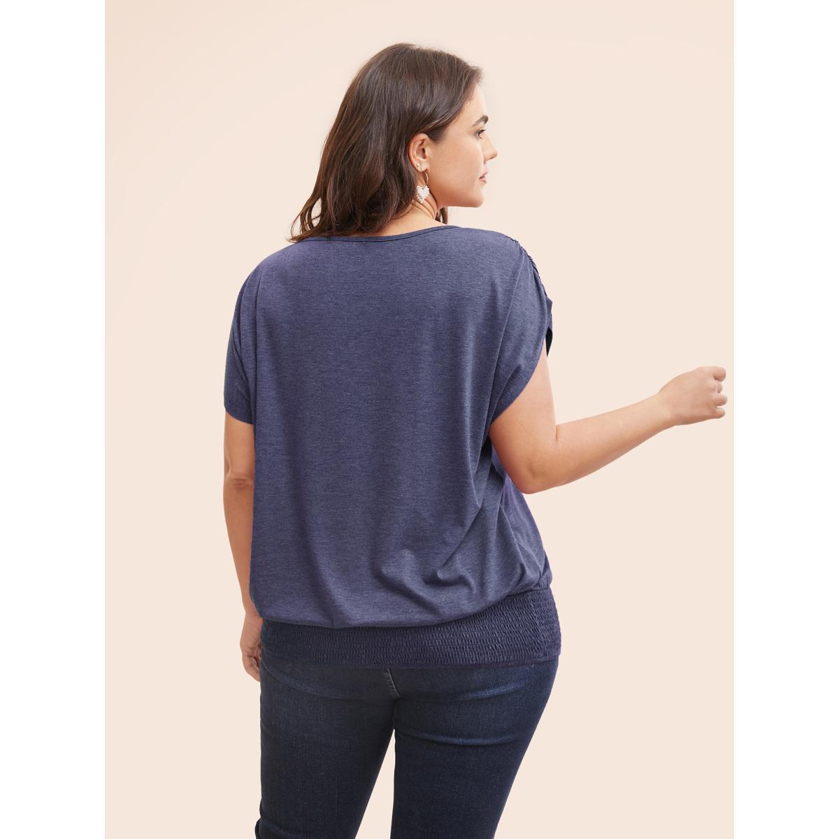 Plus Size Solid Ruched Batwing Sleeve Shirred Hem T-shirt Indigo Women Elegant Ruched Plain Boat Neck Everyday T-shirts BloomChic 26/4X Product Image