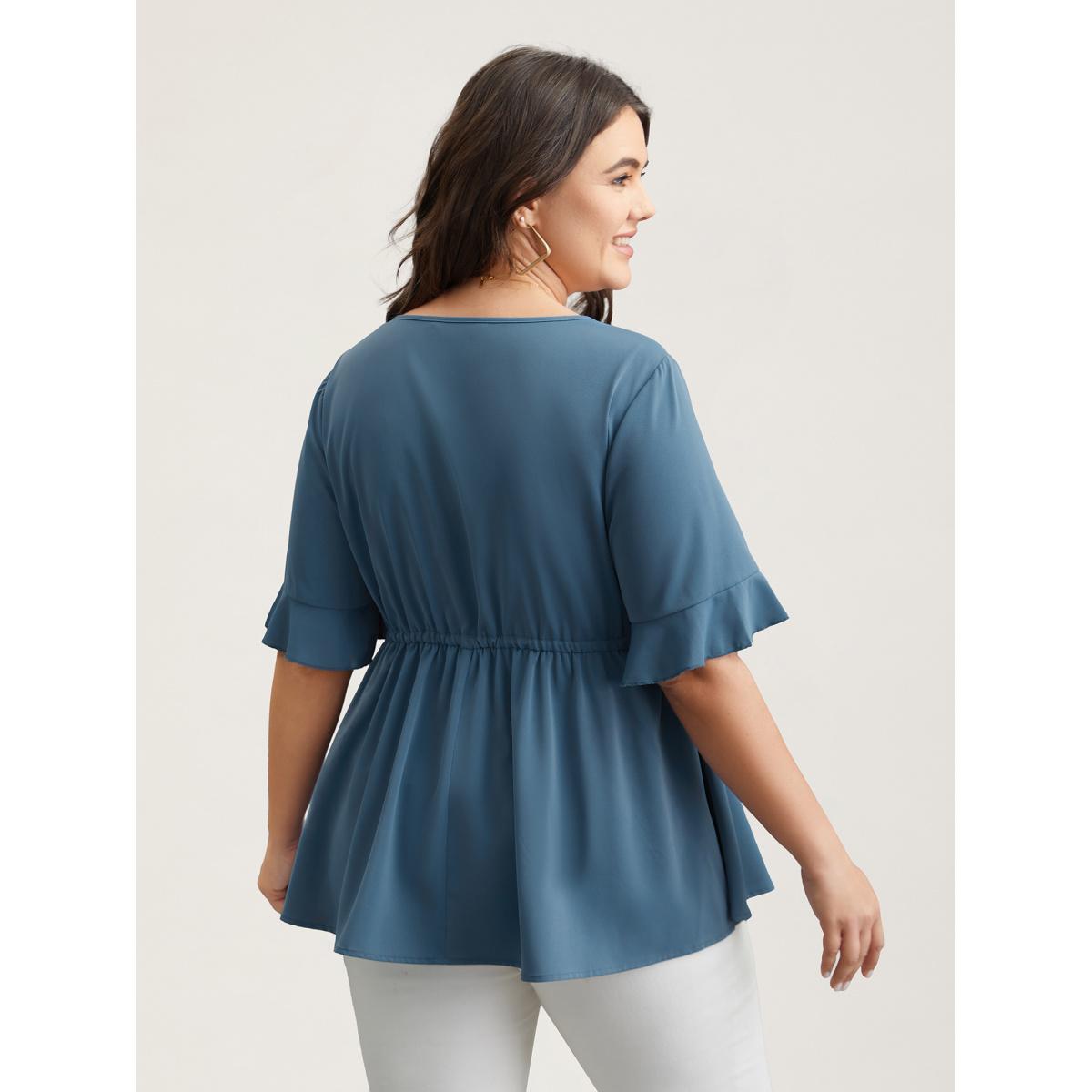 Plus Size Cerulean Ruffled Edge Sleeve Waist-Tie Shirt Women Casual Half Sleeve Round Neck Everyday Blouses BloomChic 28/5X Product Image
