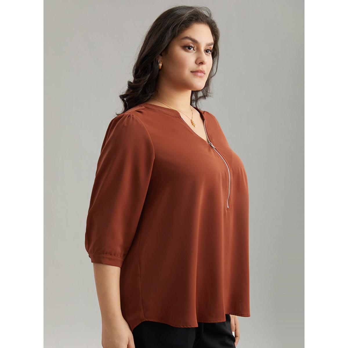 Plus Size Rust Plain Half Zip Gathered Blouse Women Work From Home Elbow-length sleeve V-neck Office Blouses BloomChic 14-16/1X Product Image