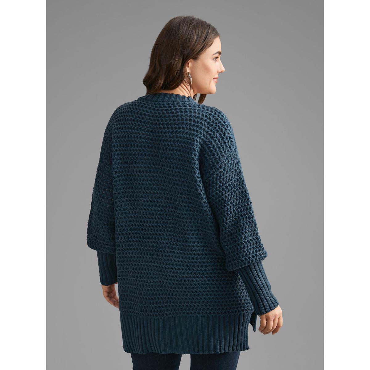 Plus Size Texture Drop Shoulder Split Hem Pullover Cyan Women Casual Loose Long Sleeve Round Neck Everyday Pullovers BloomChic 18-20/2X Product Image