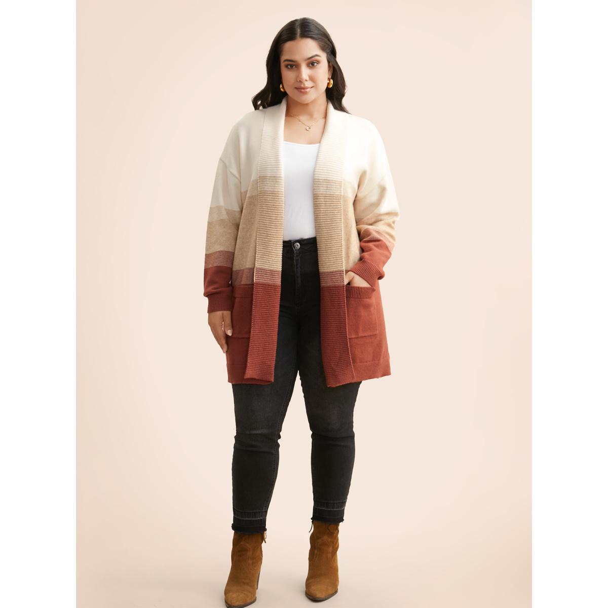 Plus Size Ombre Contrast Drop Shoulder Cardigan Scarlet Women Casual Loose Long Sleeve Everyday Cardigans BloomChic 12/L Product Image