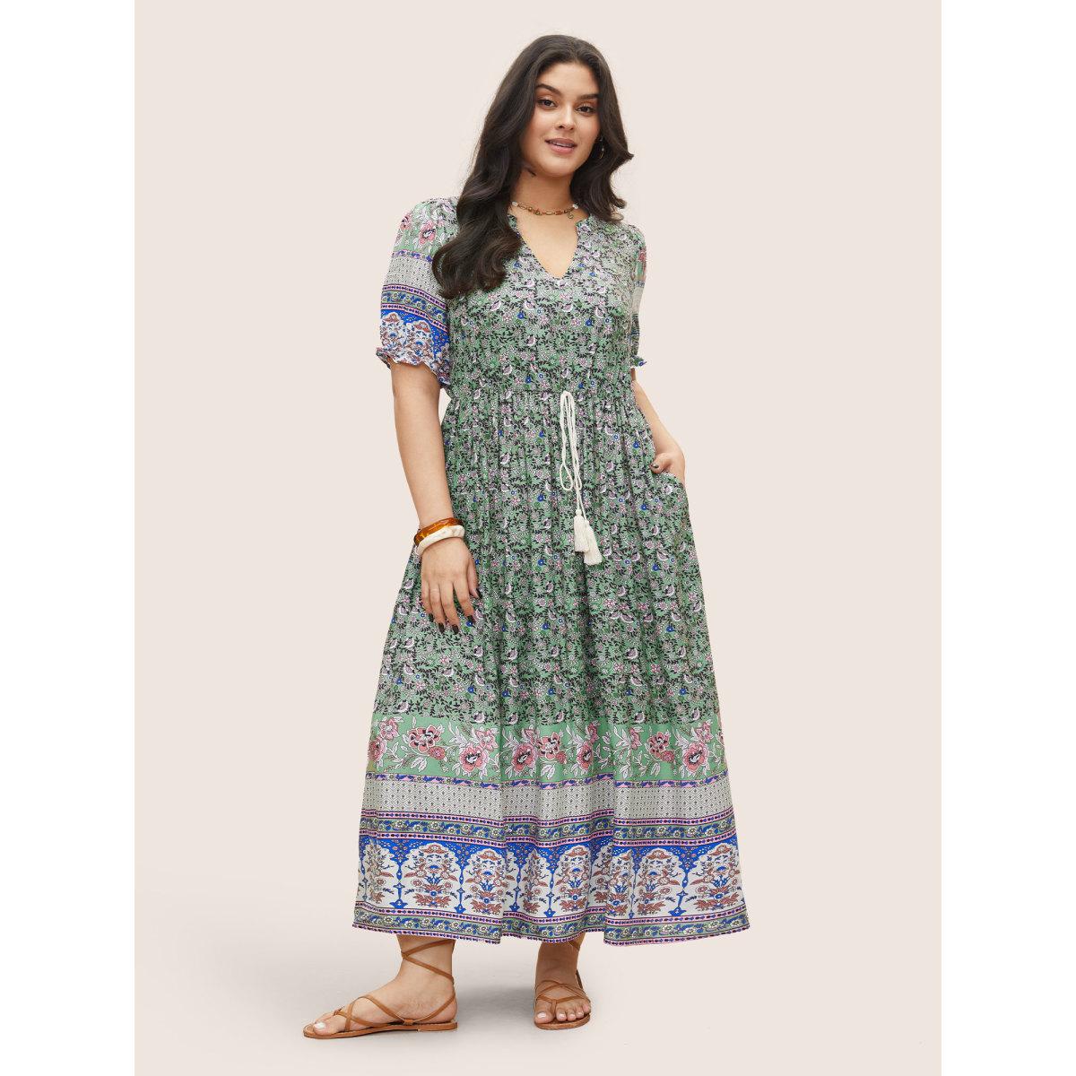 Plus Size Boho Print Notched Ties Tassel Trim Dress Mint Women Resort Non Flat collar with V-notch Short sleeve Curvy BloomChic 30/6X Product Image