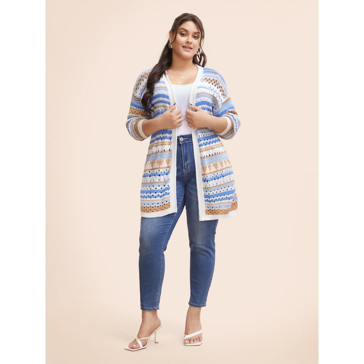 Plus Size Cotton Contrast Striped Cut Out Cardigan LightBlue Women Playful Loose Long Sleeve Casual Cardigans BloomChic 22-24/3X Product Image