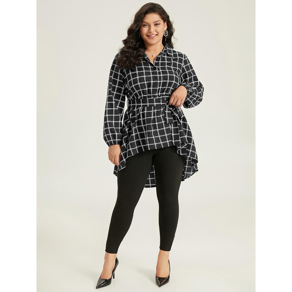 Plus Size Black Plaid Button Up Belted High Low Hem Blouse Women Office Long Sleeve Shirt collar Office Blouses BloomChic 22-24/3X Product Image