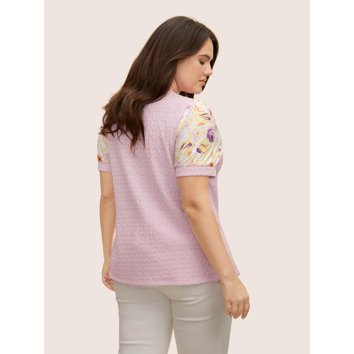 Plus Size Crew Neck Textured Patchwork Floral T-shirt Lightpink Women Elegant Texture Natural Flowers Round Neck Everyday T-shirts BloomChic 18-20/2X Product Image