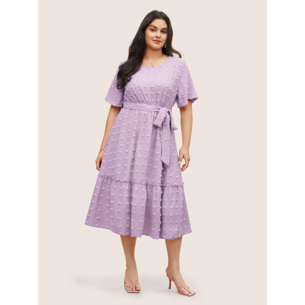 Plus Size Solid Textured Patchwork Frill Trim Belted Dress Lilac Women Elegant Non Round Neck Short sleeve Curvy Midi Dress BloomChic 12/L Product Image