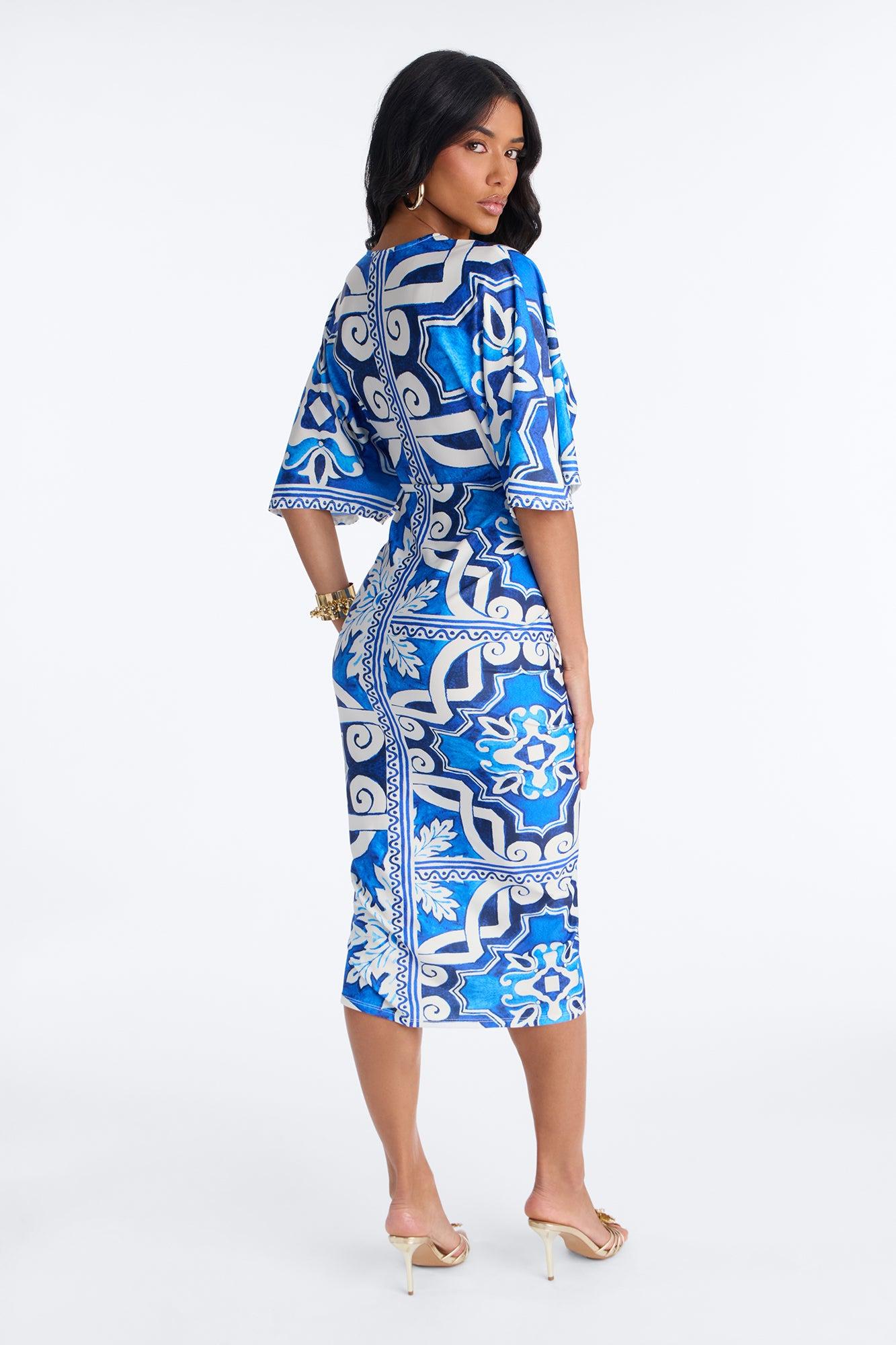 Andrea Printed Ruched Midi Dress - Blue/combo Female Product Image