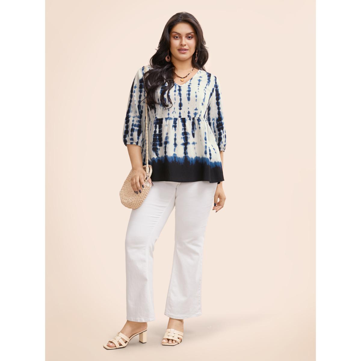 Plus Size Navy Tie Dye V Neck Gathered Blouse Women Resort Elbow-length sleeve V-neck Vacation Blouses BloomChic 26/4X Product Image