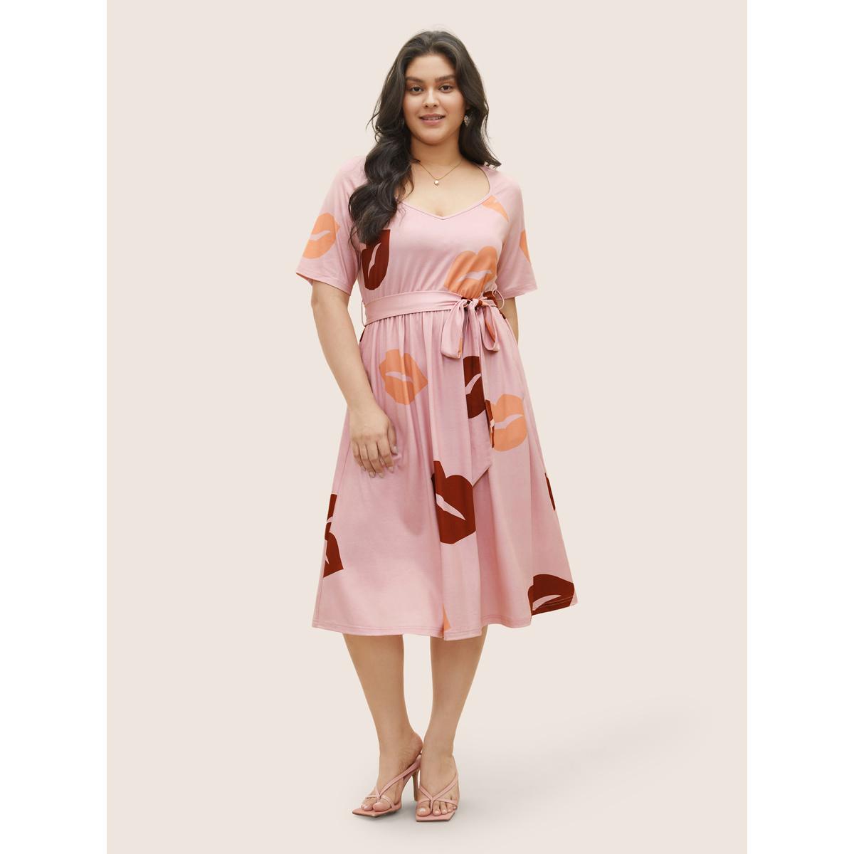 Plus Size Lip Print Elastic Waist Belted Gathered Dress Pink Women Casual Gathered Square Neck Short sleeve Curvy Midi Dress BloomChic 10/M Product Image
