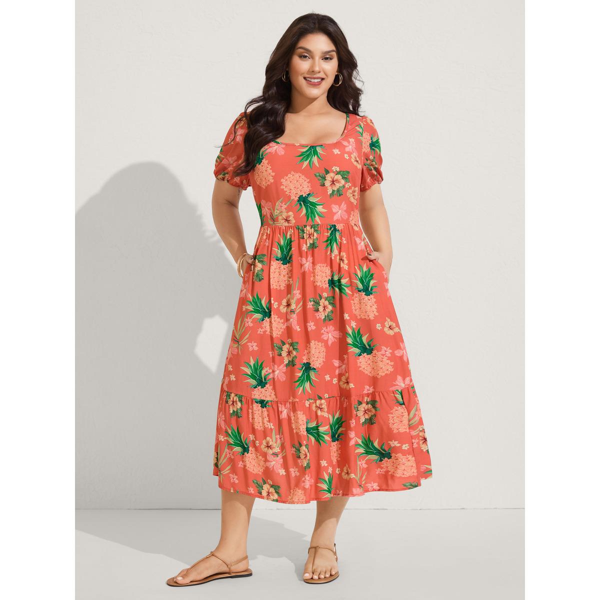 Plus Size Fruity Floral Print Square Neck Midi Dress Salmon Women Square Neck Short sleeve Curvy BloomChic 22-24/3X Product Image