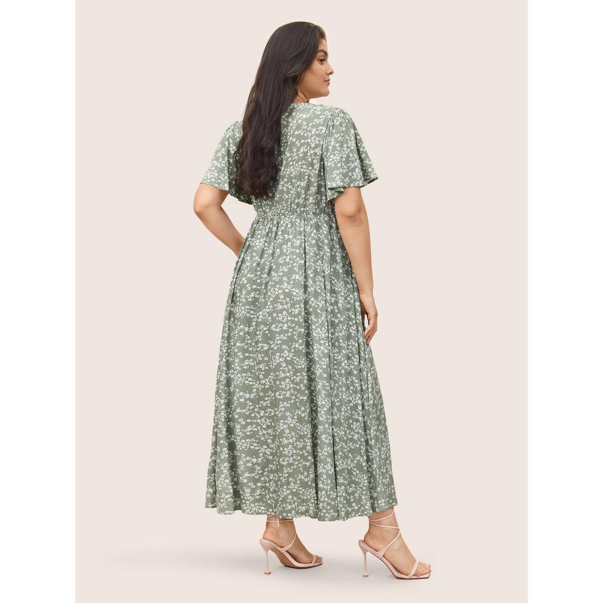 Plus Size Bloom Dress - Flutter Sleeve Ditsy Floral Pocket Split Maxi Dress LightGreen Women Romantic Slit V-neck Half Sleeve Curvy Long Dress BloomChic 10/M Product Image