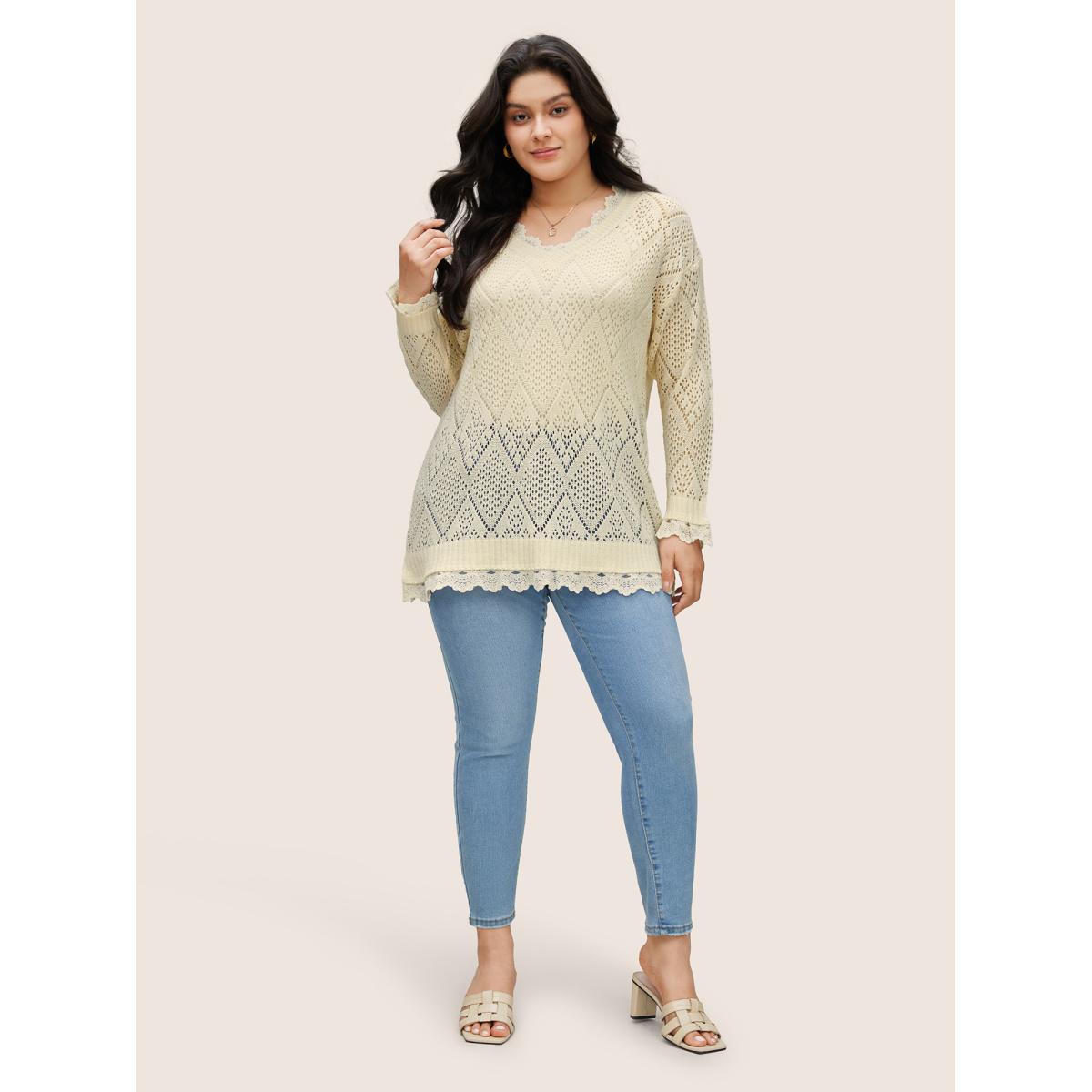 Plus Size Geometric Hollow Out Mesh Lace Panel Pullover Apricot Women Elegant Long Sleeve V-neck Everyday Pullovers BloomChic 10/M Product Image