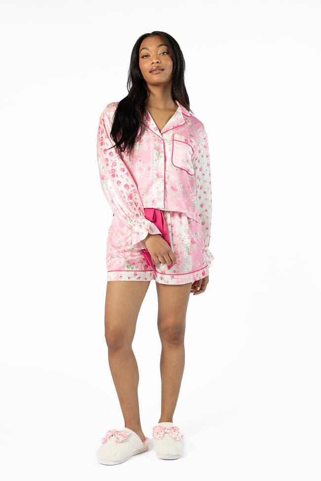 Dont Wake Me Up Pink Multi Floral Long Sleeve Satin Pajama Top FINAL SALE Girls Product Image