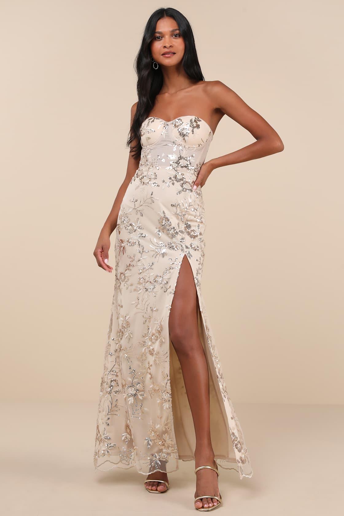 Confident Sensation Gold Sequin Strapless Bustier Maxi Dress Product Image