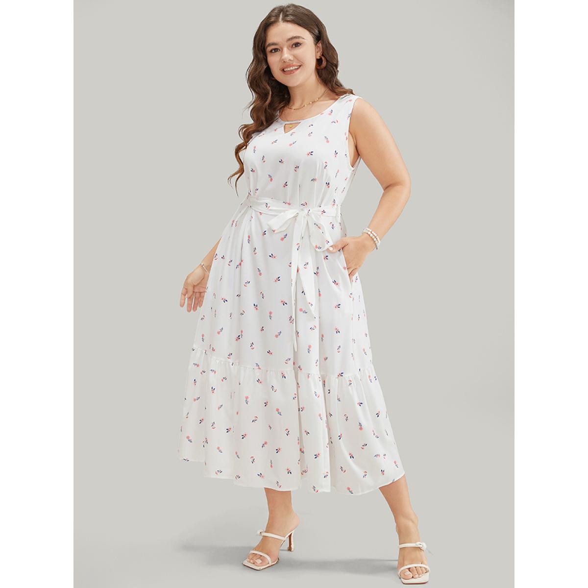 Plus Size Ditsy Floral Pocket Belted Keyhole Neck Flutter Tank Dress White Women Elegant Belted Keyhole Cut-Out Sleeveless Curvy Midi Dress BloomChic 28/5X Product Image