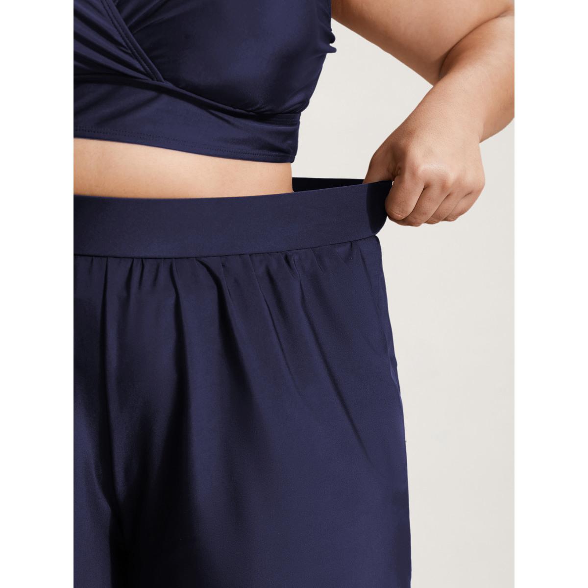 Plus Size High Waisted Pockets Solid Pleated Swim Bottom Women's Swimwear Indigo Resort Gathered High stretch Bodycon High Rise Slanted pocket Curve Swim Bottoms BloomChic 12/L Product Image