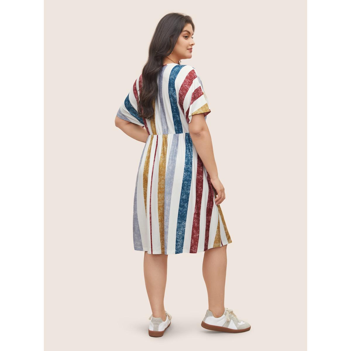 Plus Size Color Striped Pocket Batwing Sleeve Dress Multicolor Women Casual Non V-neck Short sleeve Curvy Midi Dress BloomChic 18-20/2X Product Image