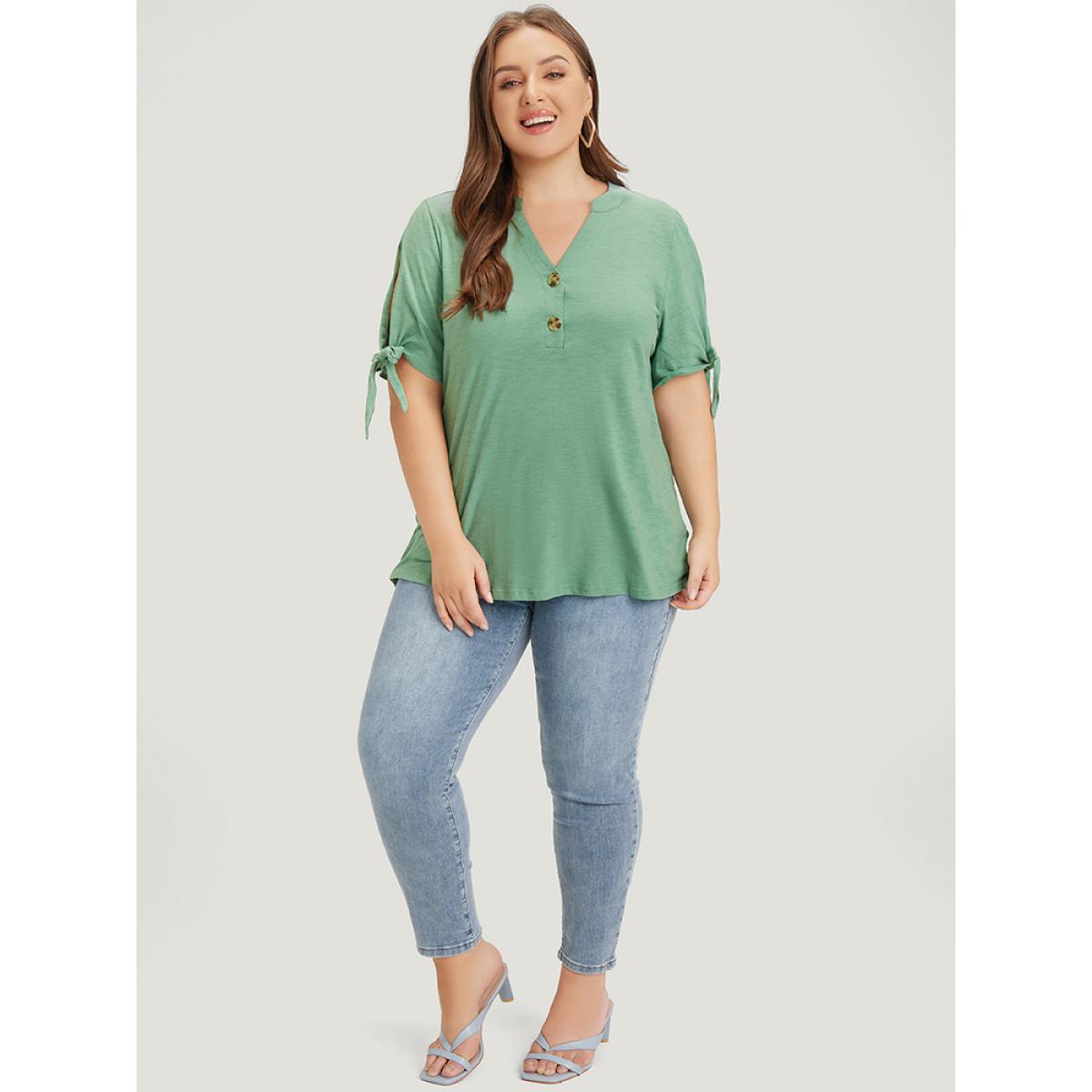 Plus Size Solid Button Up Notched Knot Sleeve Cut Out T-shirt Mint Women Casual Heather Plain Notched collar Dailywear T-shirts BloomChic 22-24/3X Product Image
