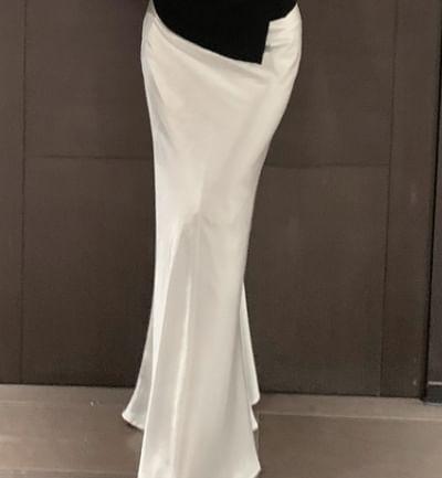Plain Asymmetrical Tube Top / High Waist Plain Satin Maxi Mermaid Skirt Product Image