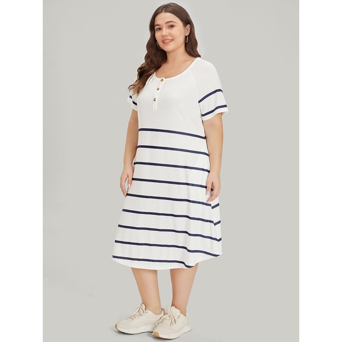 Plus Size Striped Button Through Pocket Raglan Sleeve Dress White Women Casual Contrast Round Neck Short sleeve Curvy Midi Dress BloomChic 28/5X Product Image