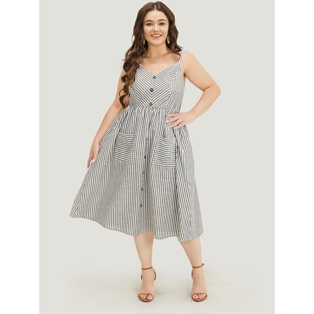Plus Size Striped Geometric Pocket Button Detail Cami Dress Black Women Vacation Adjustable Straps Spaghetti Strap Sleeveless Curvy Midi Dress BloomChic 28/5X Product Image