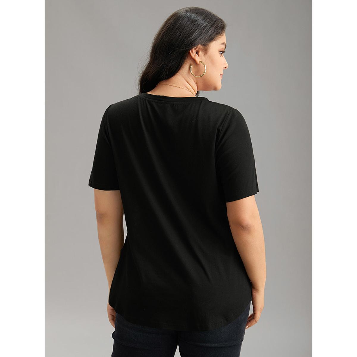 Plus Size Floral Striped Patchwork Patched Pocket T-shirt Black Women Casual Printed Striped Round Neck Dailywear T-shirts BloomChic 26/4X Product Image