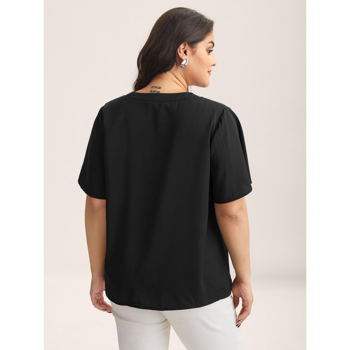 Plus Size Black Lace Trim Notched Collar Solid Blouse Women Short sleeve Notched collar Office Blouses BloomChic 12/L Product Image