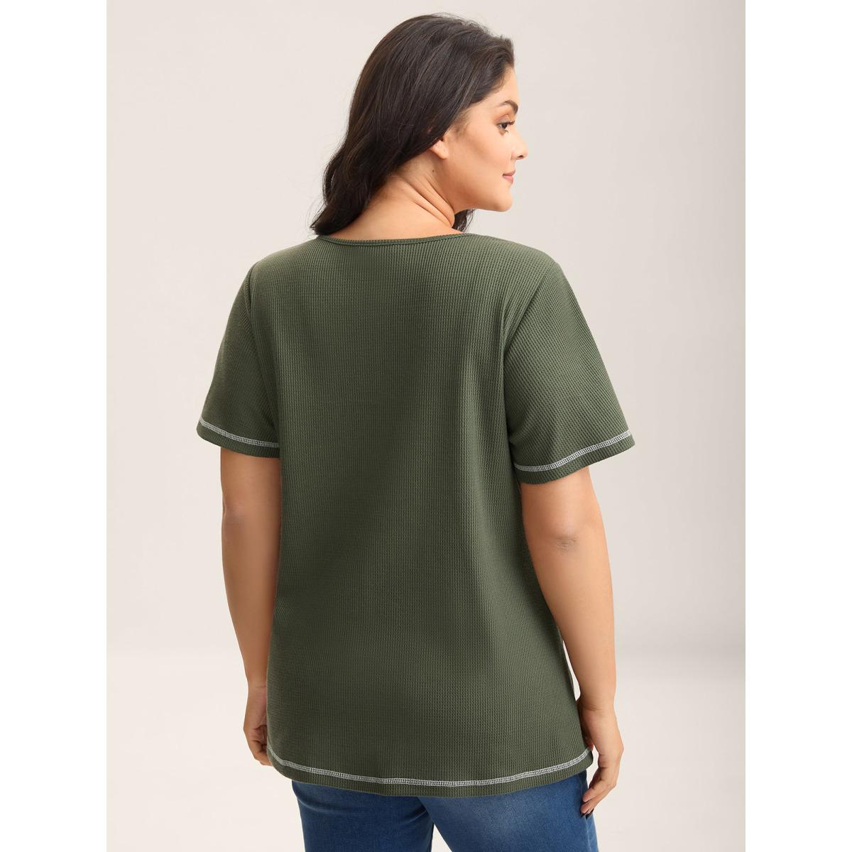 Plus Size Waffle High Low Hem Zipper T-Shirt ArmyGreen Women Leisure Topstitching Round Neck Casual T-shirts BloomChic 26/4X Product Image
