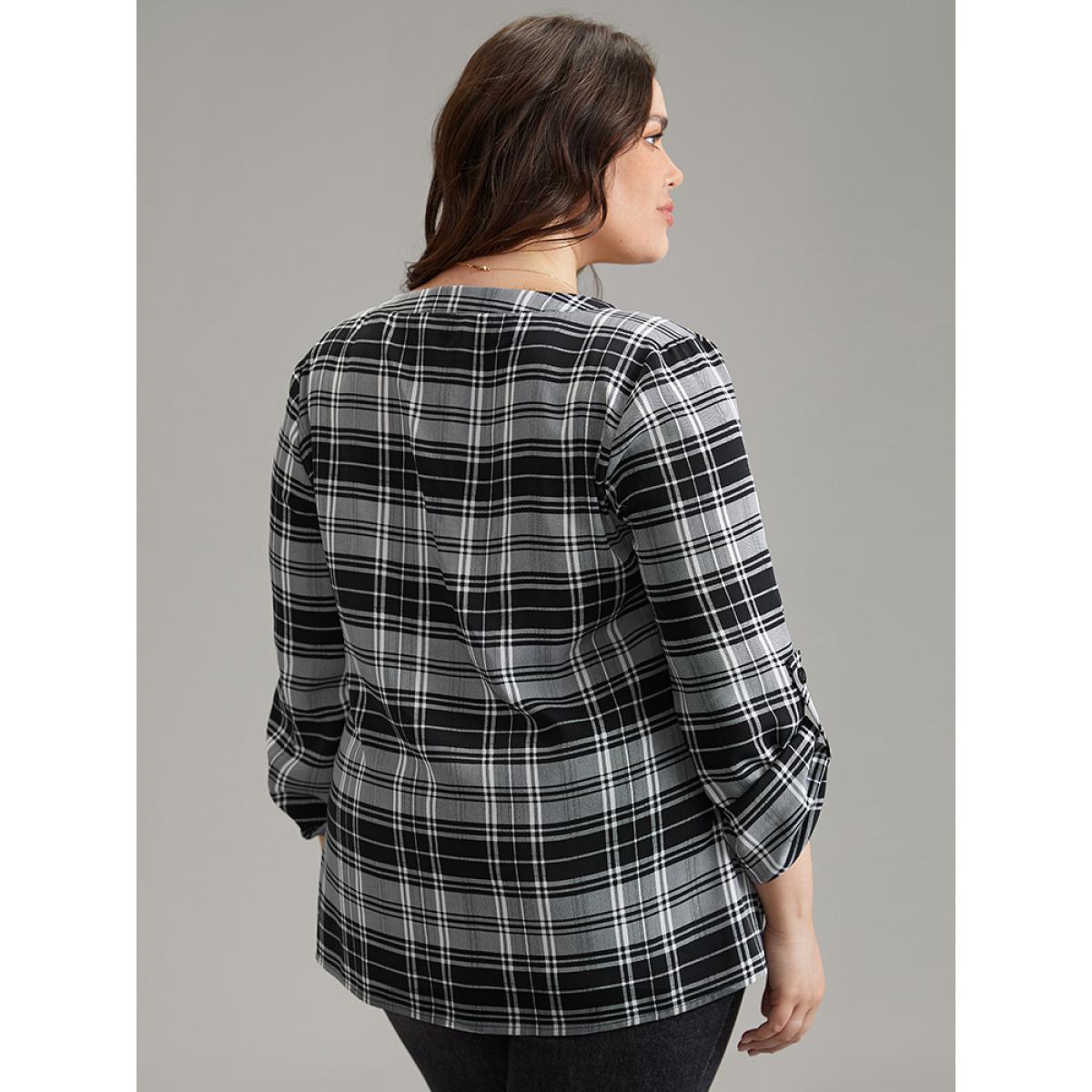 Plus Size Black Plaid Notched Button Up Tab Sleeve Blouse Women Office Elbow-length sleeve Notched collar Work Blouses BloomChic 18-20/2X Product Image