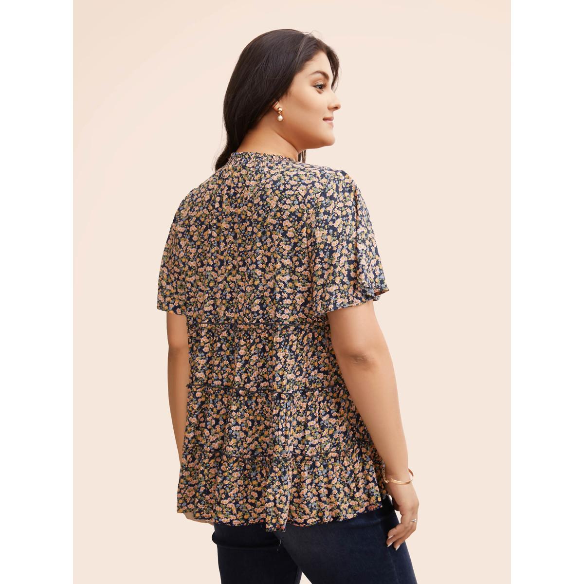 Plus Size Indigo Ditsy Floral Frill Trim Shirred Mock Neck Blouse Women Elegant Short sleeve Halter neck Dailywear Blouses BloomChic 10/M Product Image