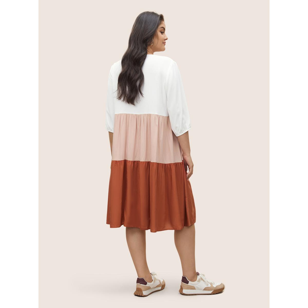 Plus Size Colorblock Contrast Patchwork Tie Neck Dress Multicolor Women Casual Non V-neck Elbow-length sleeve Curvy Midi Dress BloomChic 10/M Product Image