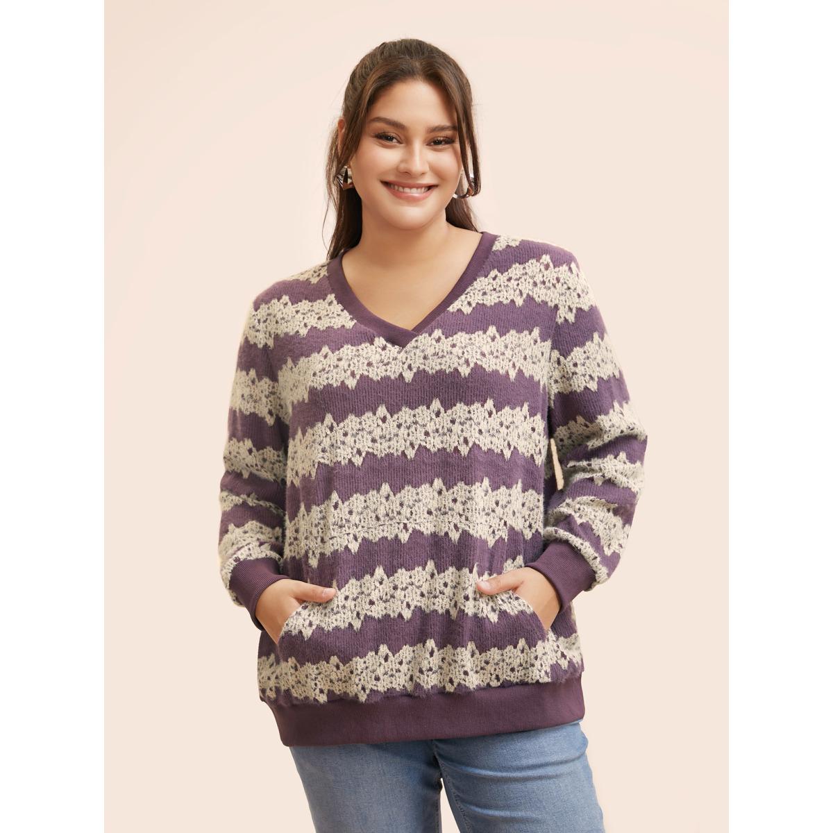 Plus Size Striped Patchwork Contrast Texture Sweatshirt Women Mauve Casual Texture Loose V-neck Everyday Sweatshirts BloomChic 28/5X Product Image