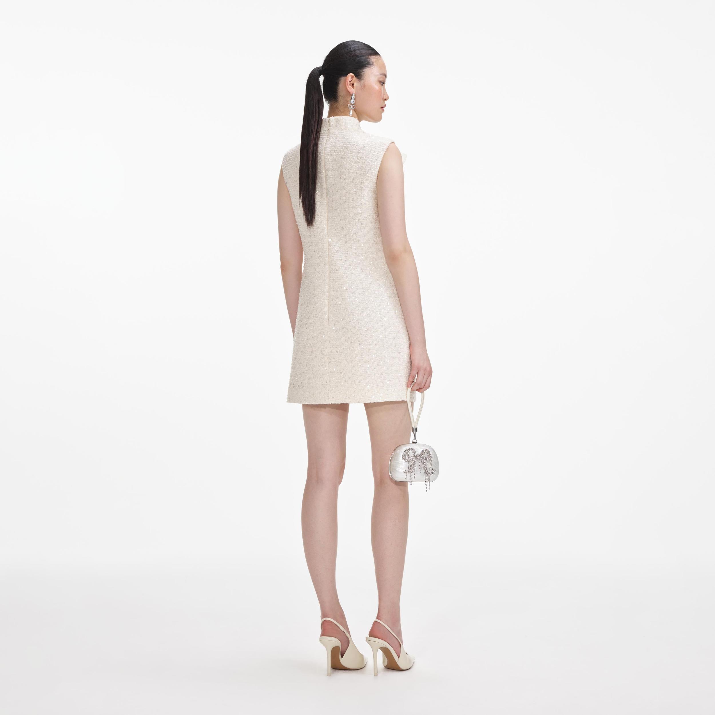 Cream Boucle Flower Motif Mini Dress Product Image