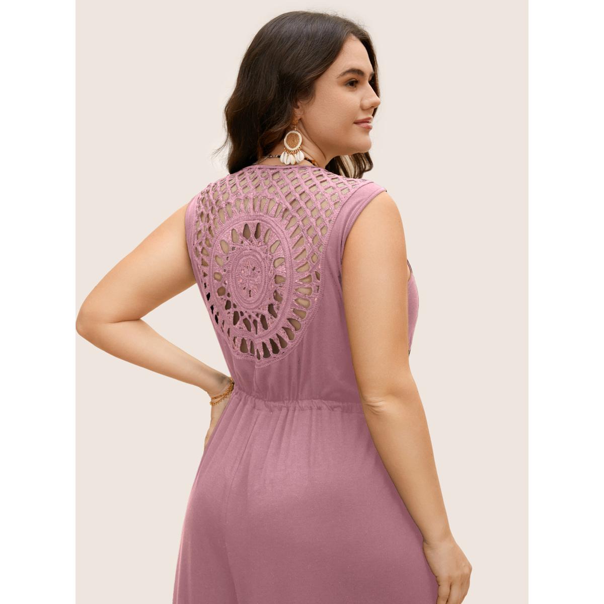 Plus Size DustyPink V Neck Crocheted Cut Out Jumpsuit Women Resort Sleeveless V-neck Vacation Loose Jumpsuits BloomChic 18-20/2X Product Image