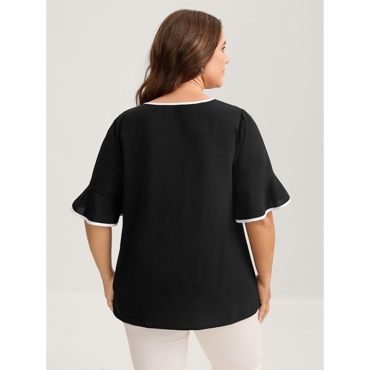 Plus Size Black Metal Color Contrast Asymmetrical Neck Blouse Women Half Sleeve Round Neck Work Blouses BloomChic 26/4X Product Image