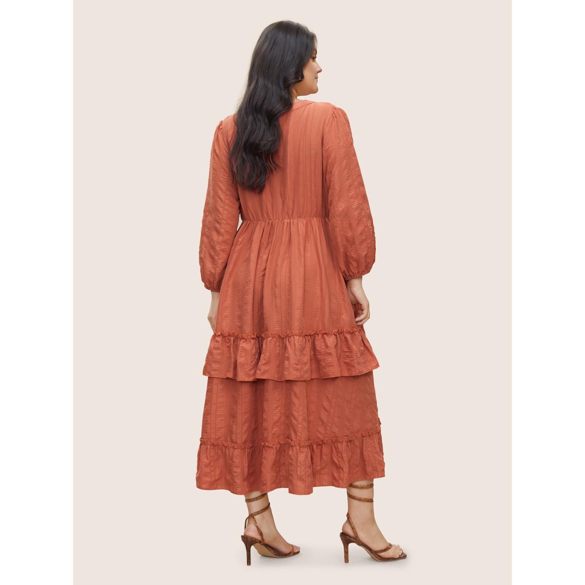 Plus Size Plisse Notched Ruffle Trim Layered Hem Dress Chocolate Women Elegant Non Notched collar Long Sleeve Curvy Midi Dress BloomChic 28/5X Product Image