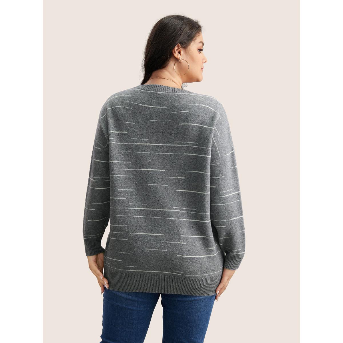 Plus Size Supersoft Essentials Asymmetrical Striped Round Neck Pullover Gray Women Casual Long Sleeve Round Neck Everyday Pullovers BloomChic 28/5X Product Image