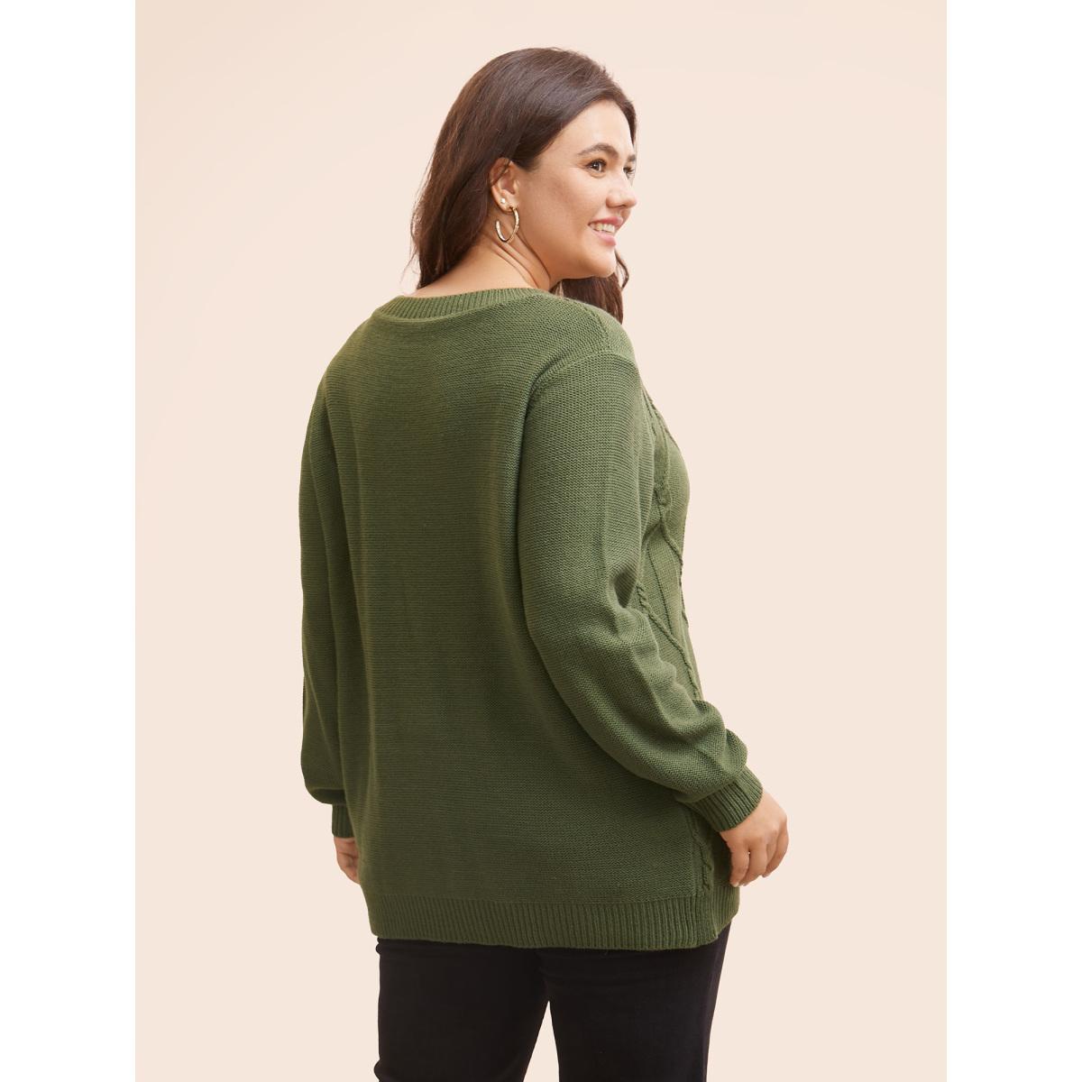 Plus Size Plain Cable Knit Round Neck Pullover Moss Women Casual Long Sleeve Round Neck Everyday Pullovers BloomChic 12/L Product Image