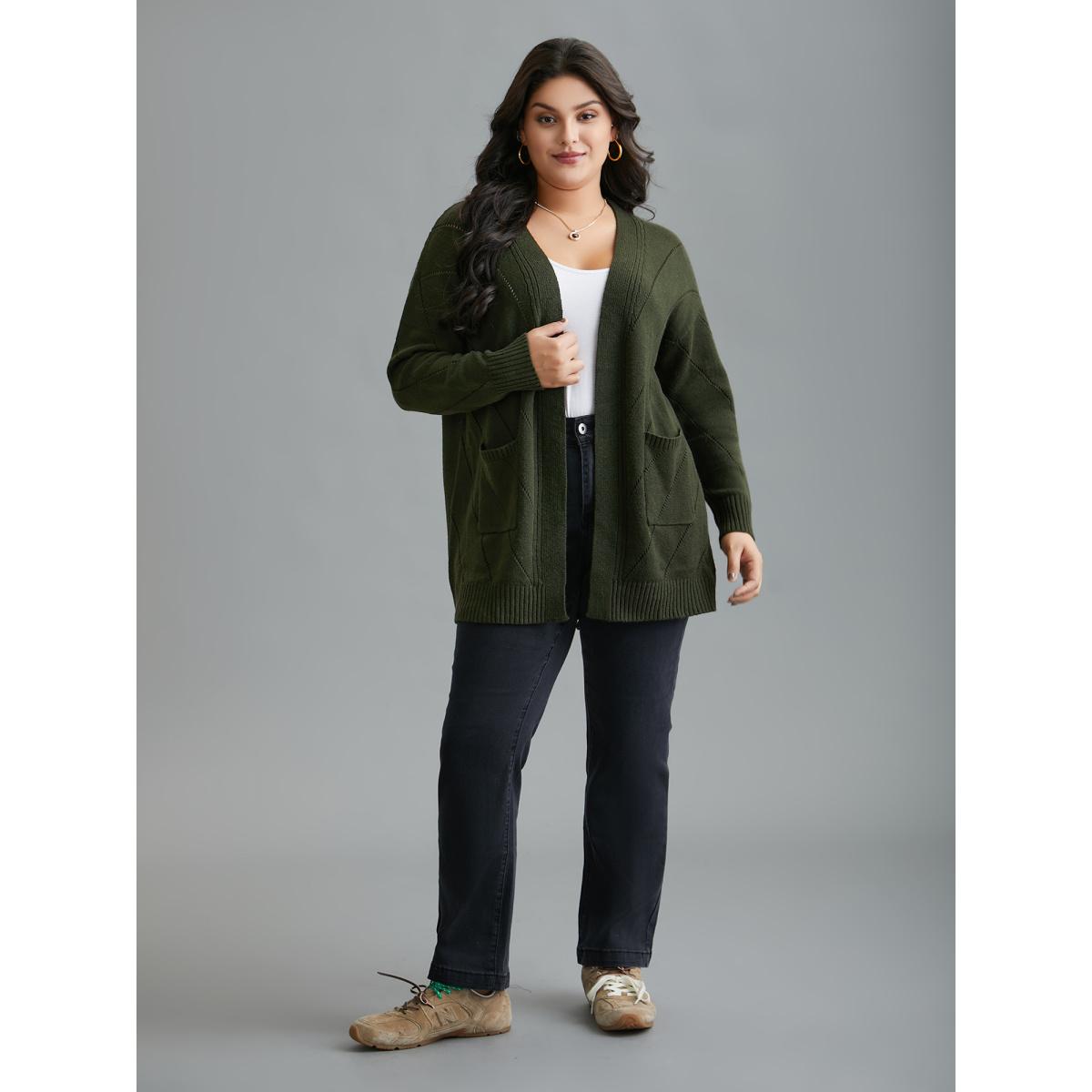 Plus Size Cable Knit Open-Front Pocket Knit Cardigan ArmyGreen Women Casual Loose Long Sleeve Everyday Cardigans BloomChic 14-16/1X Product Image