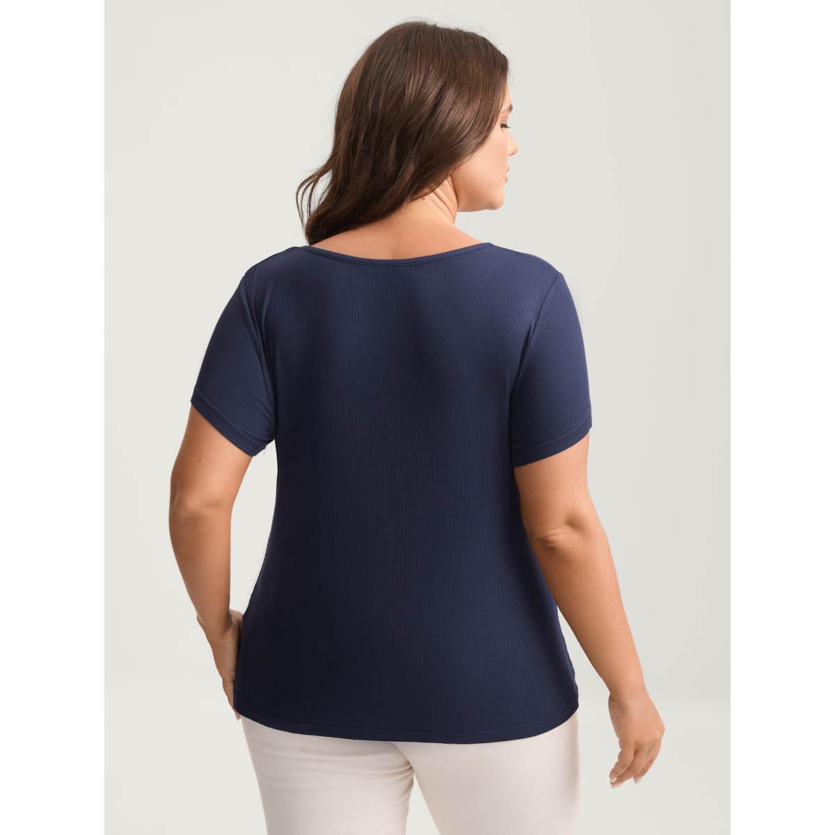 Plus Size Pleated Neckline Slim-Fit Plain T-Shirt Indigo Women Timeless Gathered V-neck Bodycon Elegant T-shirts BloomChic 18-20/2X Product Image