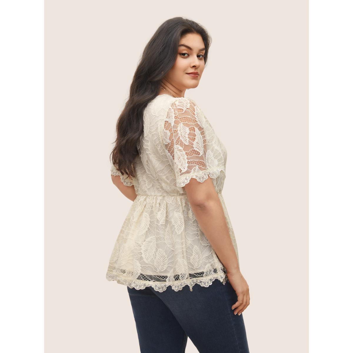Plus Size Apricot Lace Panel Mesh Patchwork Elastic Waist Blouse Women Elegant Short sleeve V-neck Everyday Blouses BloomChic 22-24/3X Product Image