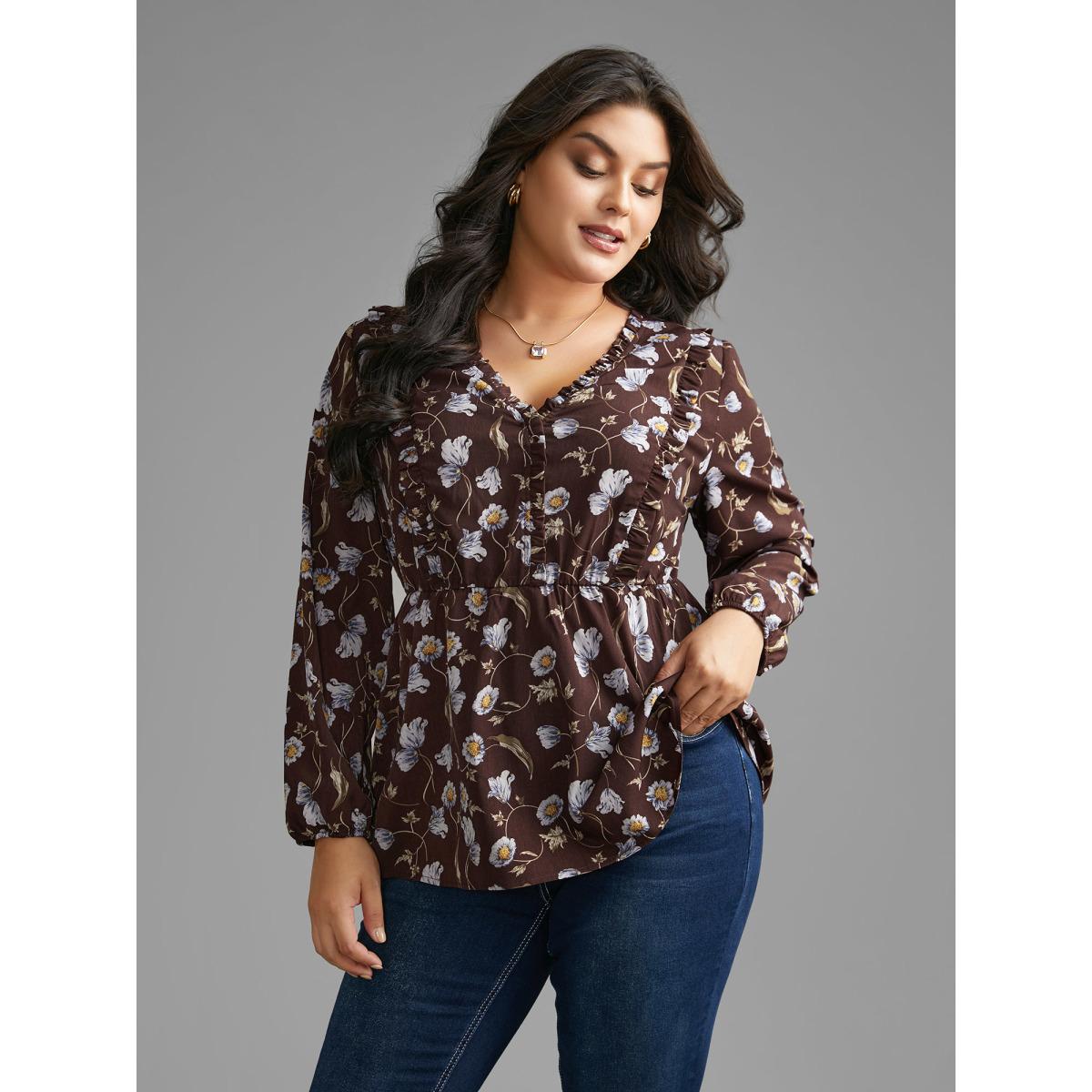 Plus Size DarkBrown Floral Lantern Sleeve Frill Trim Blouse Women Elegant Long Sleeve V-neck Everyday Blouses BloomChic 28/5X Product Image