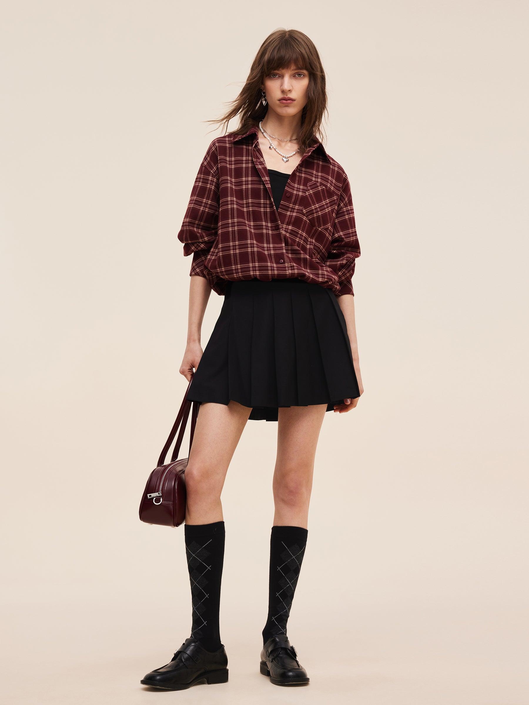 Mock Layered Plaid Women Long Sleeve Shirt Product Image