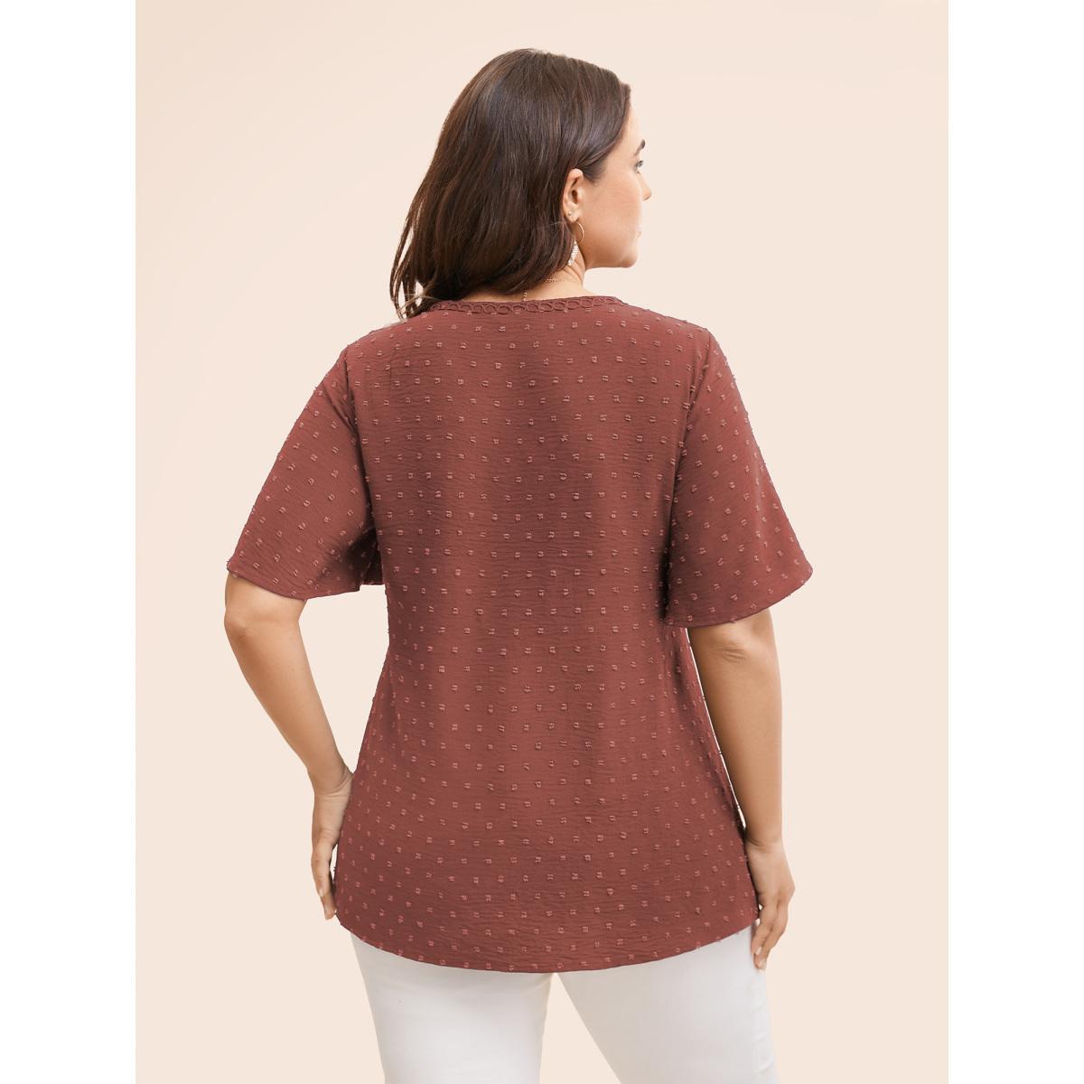 Plus Size Chocolate Polka Dot Frill Trim V Neck Flutter Blouse Women Elegant Short sleeve V-neck Work Blouses BloomChic 10/M Product Image