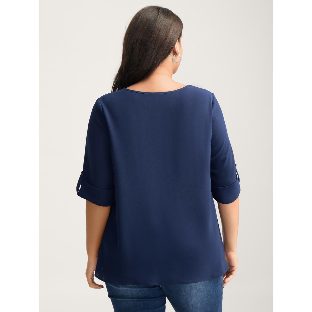 Plus Size DarkBlue Metal Button Pleated Front Blouse Women Elbow-length sleeve Round Neck Work Blouses BloomChic 22-24/3X Product Image
