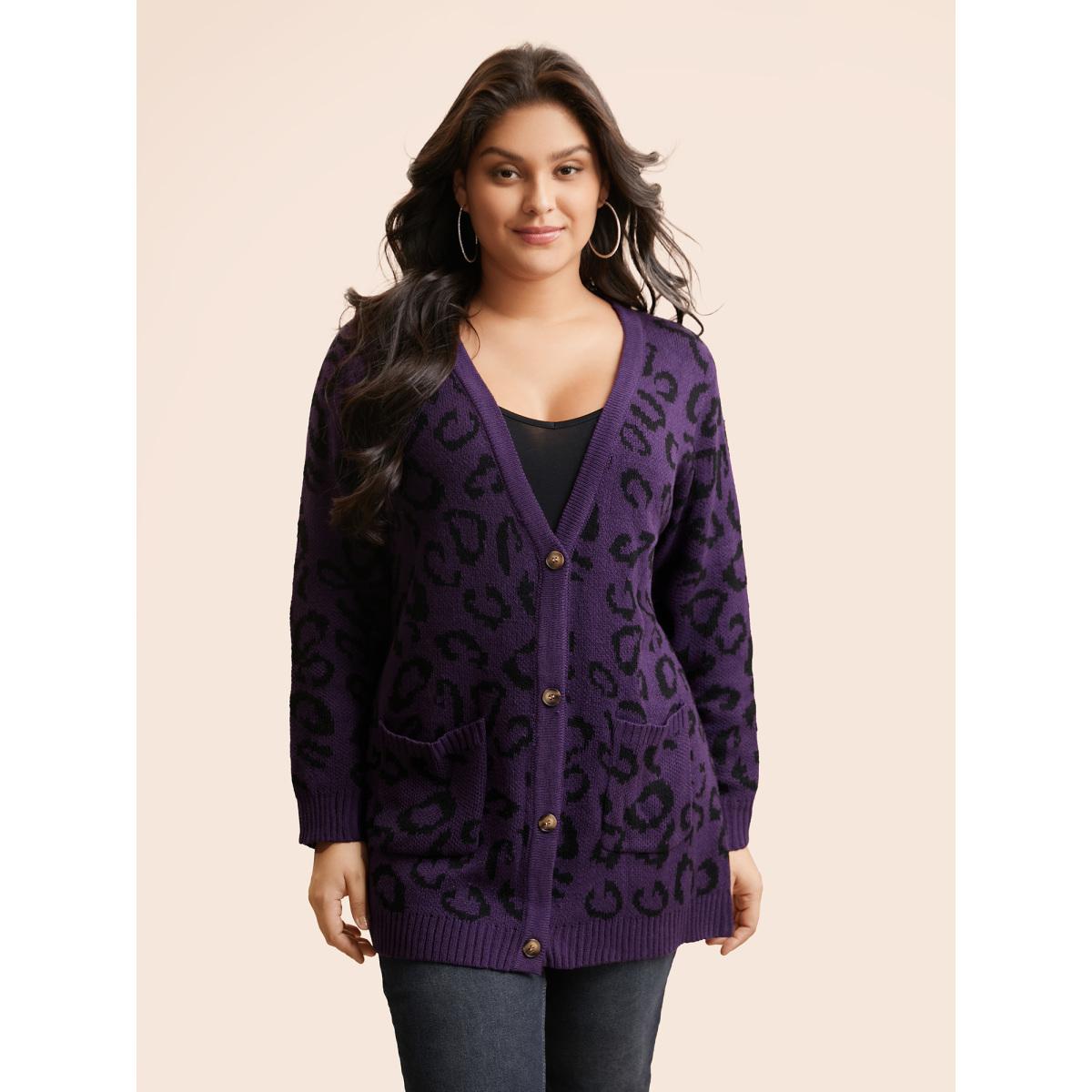Plus Size Leopard Print Patched Pocket Cardigan Eggplant Women Casual Loose Long Sleeve Everyday Cardigans BloomChic 14-16/1X Product Image